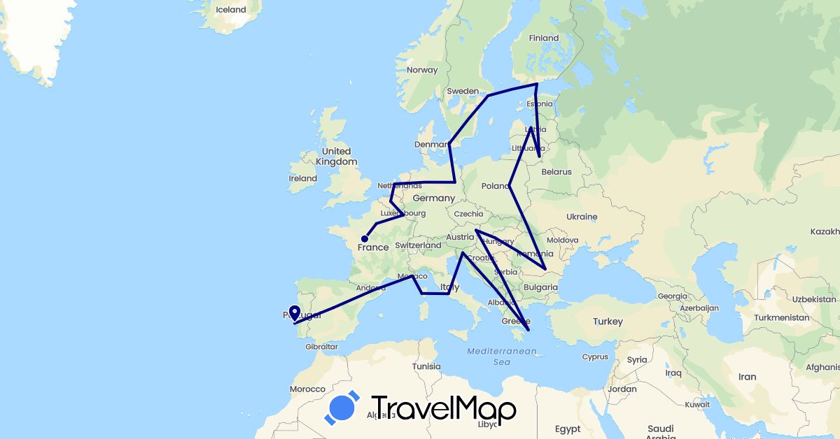 TravelMap itinerary: driving in Austria, Belgium, Germany, Denmark, Estonia, Spain, Finland, France, Greece, Hungary, Italy, Lithuania, Luxembourg, Latvia, Monaco, Netherlands, Poland, Portugal, Romania, Sweden, Slovenia (Europe)